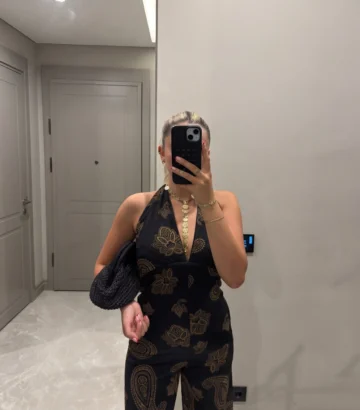 Şal Desenli Halter Yaka Tulum