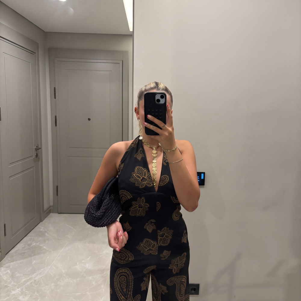 Şal Desenli Halter Yaka Tulum - Görsel 1