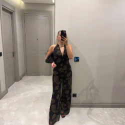 Şal Desenli Halter Yaka Tulum - Görsel 2