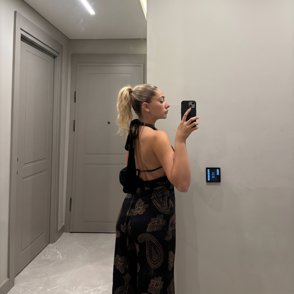 Şal Desenli Halter Yaka Tulum - Görsel 3